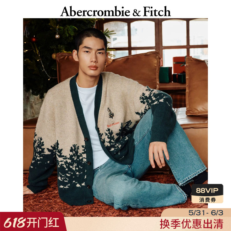 AF美式时尚百威啤酒图案长袖毛衣针织开衫25秋冬男装120-5210