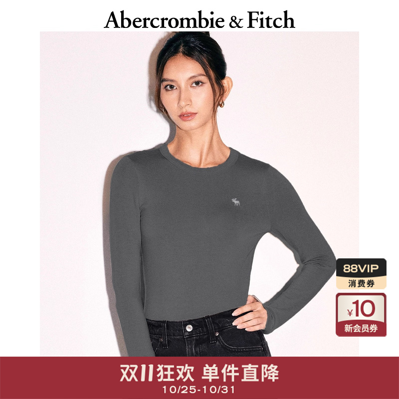 小麋鹿刺绣基础打底纯色长袖T恤
