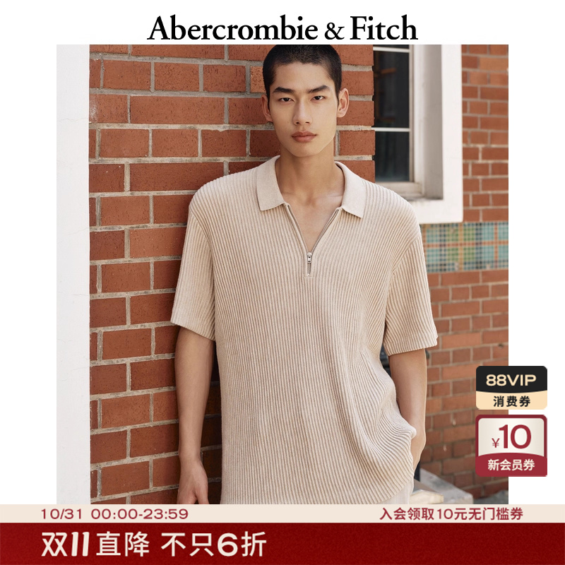 AF男装25秋冬新款美式宽松褶裥短袖半拉链Polo针织衫毛衣120-5176