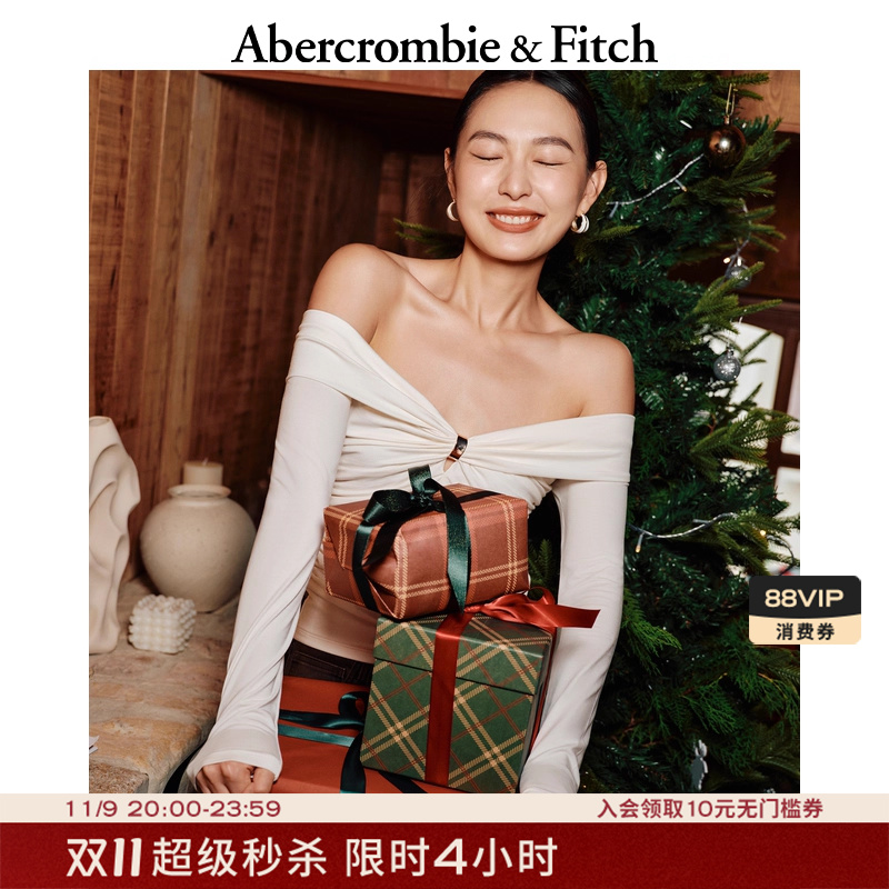 AF女装25秋季新款修身性感辣妹褶皱一字肩露肩长袖T恤139-5664