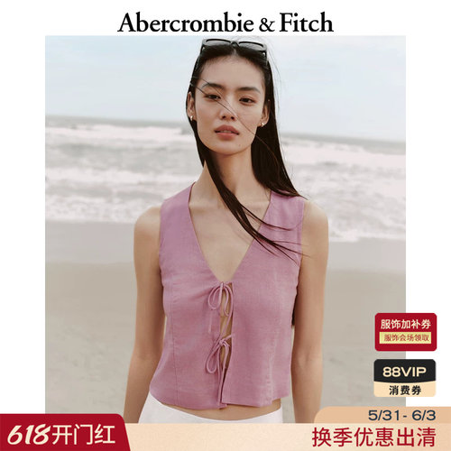 【亚麻混纺】AF女装25夏季美式度假风系结开襟马甲背心140-5179