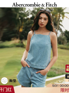 AF慵懒度假风轻薄带胸垫亚麻牛仔混纺吊带衫上衣26夏女装140-6183