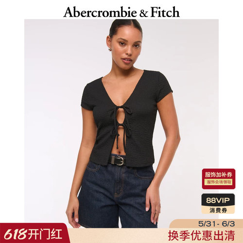 【泡泡纱V领】AF美式百搭度假风系绳短袖上衣25夏季女装139-5428