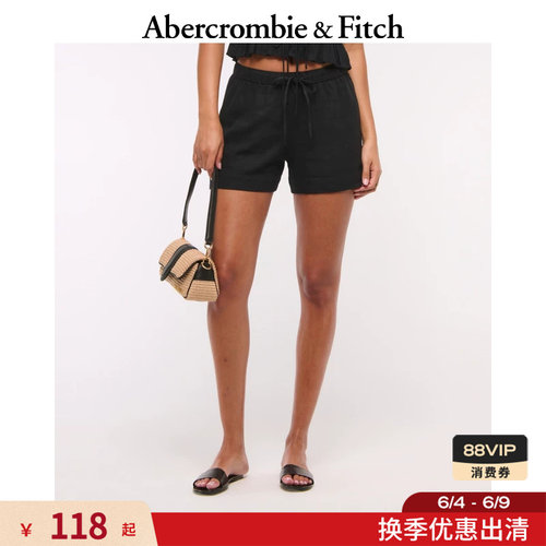 亚麻混纺松紧腰休闲短裤