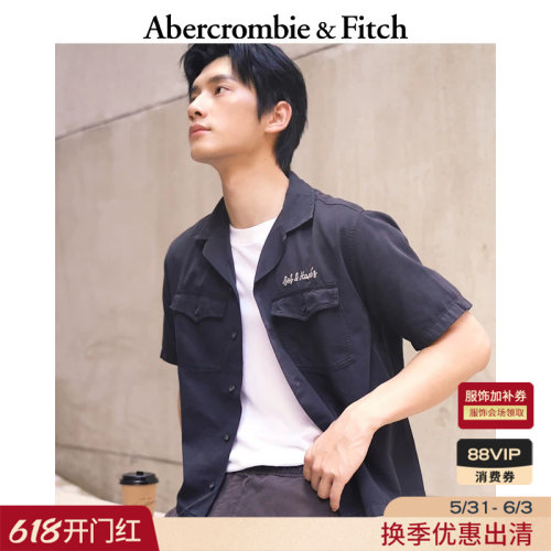 AF美式复古经典时尚图案黑色百搭短袖衬衫上衣25秋季男装125-5204