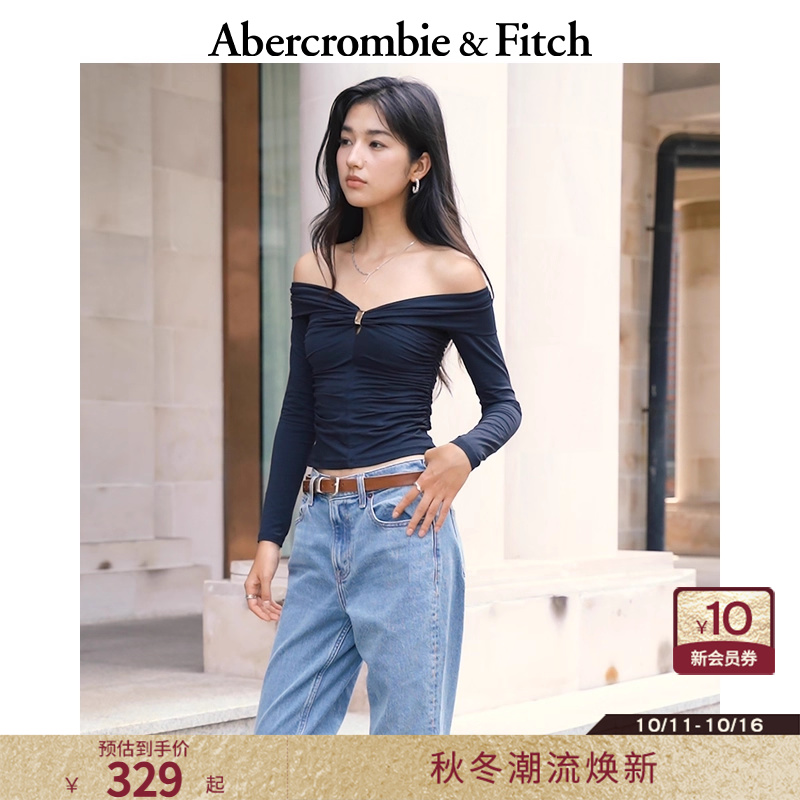 AF女装25秋季新款修身性感辣妹褶皱一字肩露肩长袖T恤139-5664