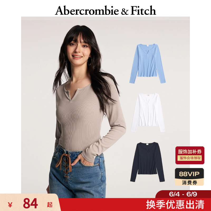 AF经典小麋鹿图案美式修身打底小V领长袖T恤上衣26春女装139-6134