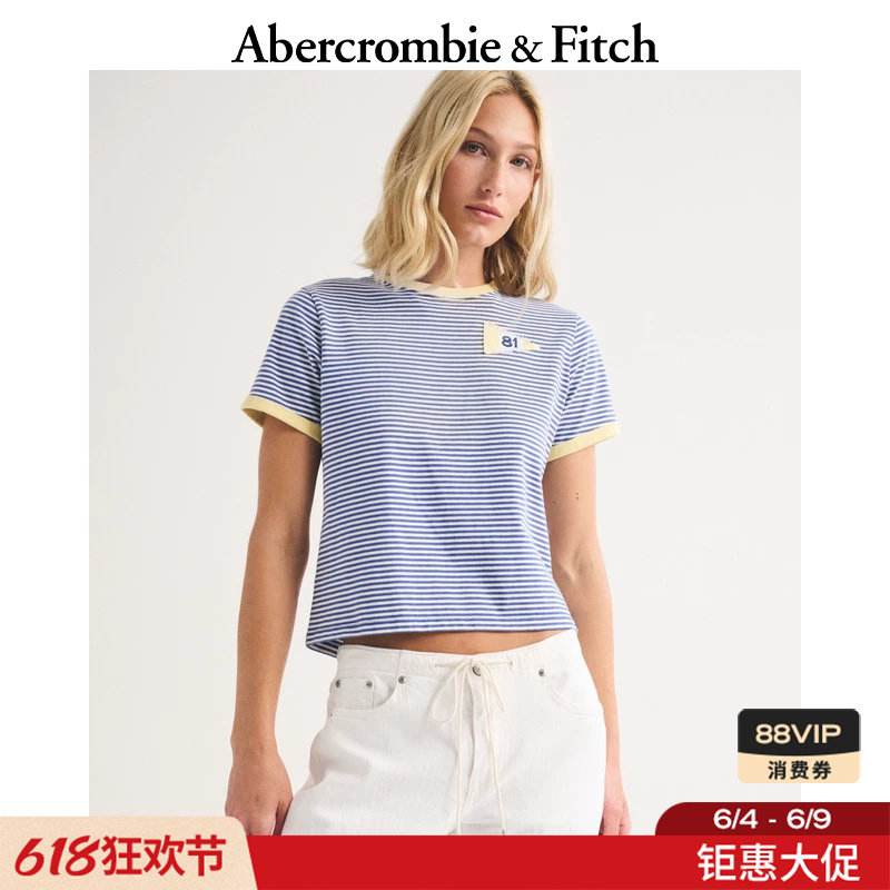 AF美式复古航海风图案撞色条纹纯棉短袖T恤26夏新款女装157-6094