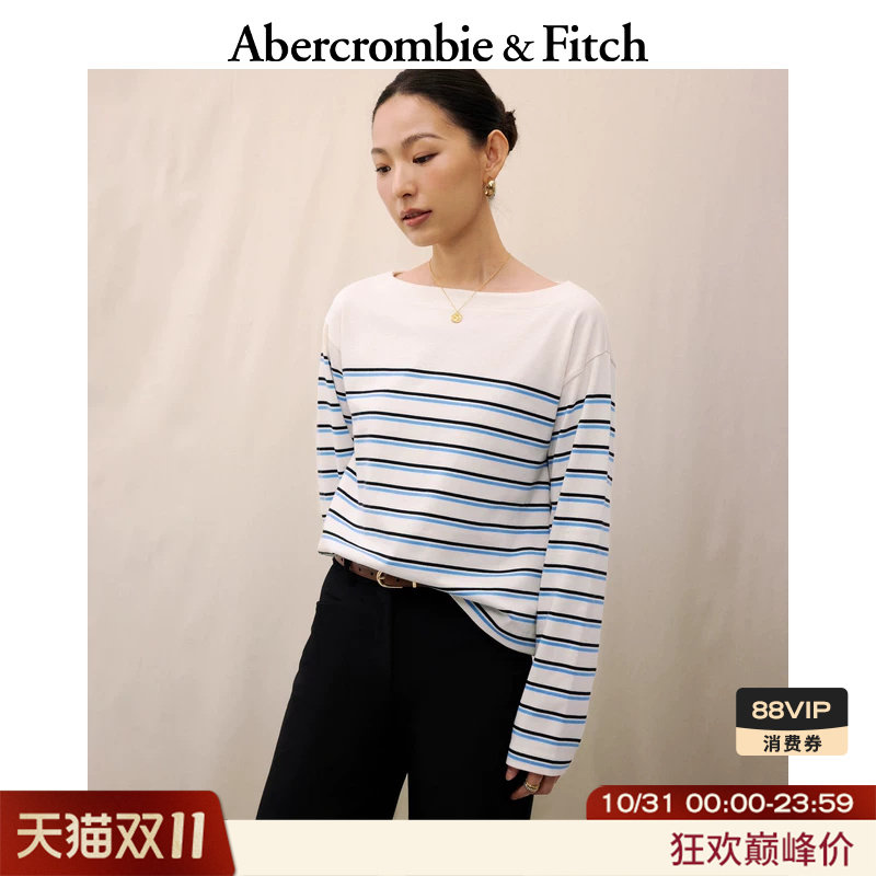 AF美式复古纯棉航海风条纹船领长袖T恤上衣26年人气女装139-6491