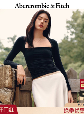 AF女装25秋季美式气质性感修身低领褶皱黑色内搭打底T恤139-4893
