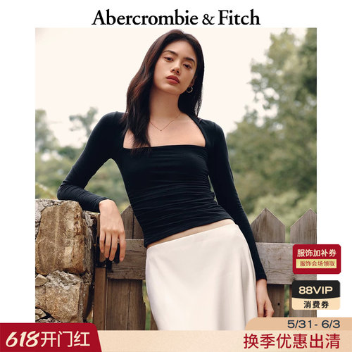 AF女装25秋季美式气质性感修身低领褶皱黑色内搭打底T恤139-4893