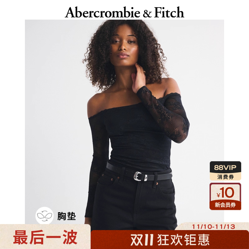 AF女装25秋冬新款美式辣妹蕾丝系带一字肩带胸垫长袖T恤139-6180