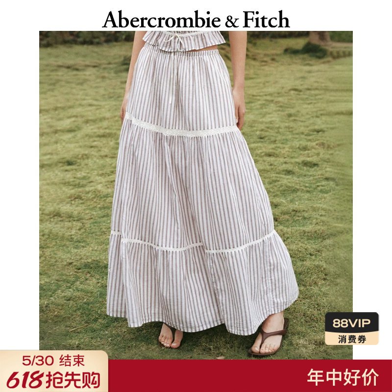 AF波西米亚度假风条纹棉质蕾丝半身伞裙长裙26夏女装143-63