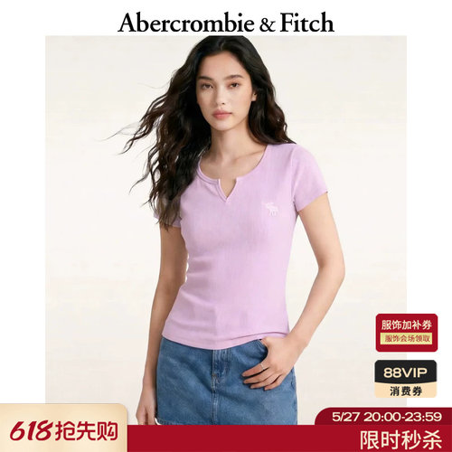 AF经典大麋鹿图案美式修身小V领短袖打底T恤26春夏女装139-6119