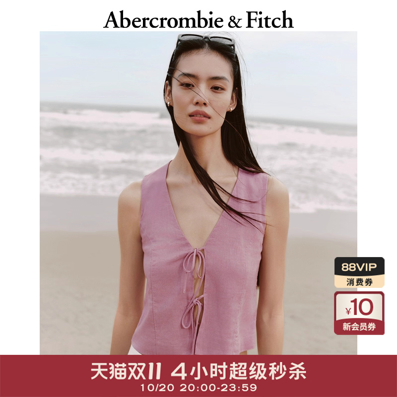 【亚麻混纺】AF女装25夏季美式度假风系结开襟马甲背心140-5179