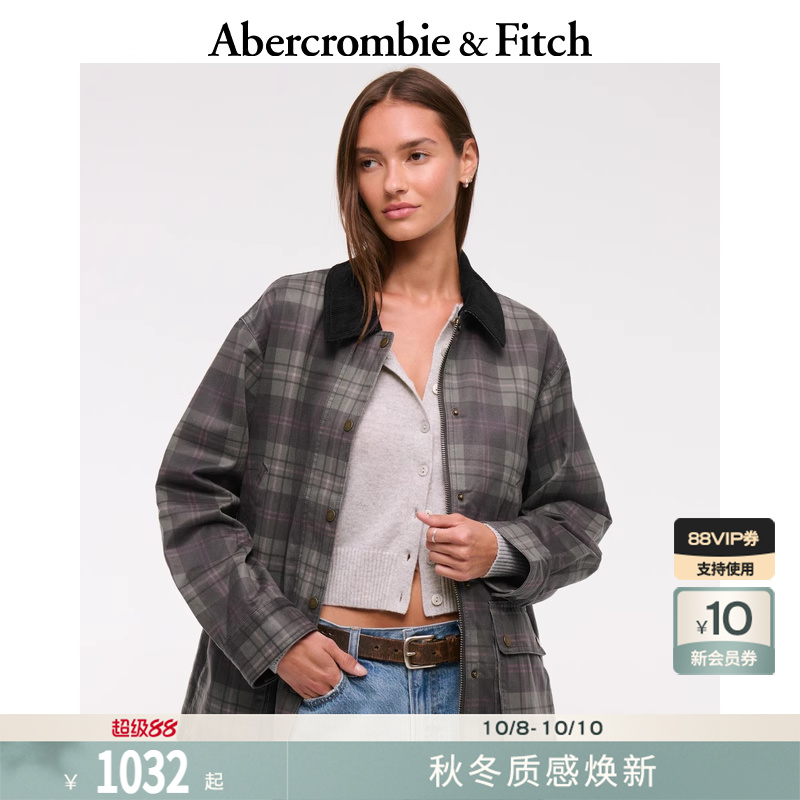 AF女装25秋冬新款美式复古翻领格纹开衫长袖夹克外套144-5162