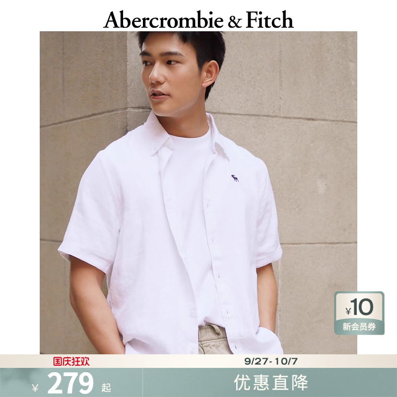 AF经典小麋鹿图案男装25夏老钱风亚麻混纺短袖衬衫上衣125-5086