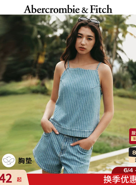 AF慵懒度假风轻薄带胸垫亚麻牛仔混纺吊带衫上衣26夏女装140-6183