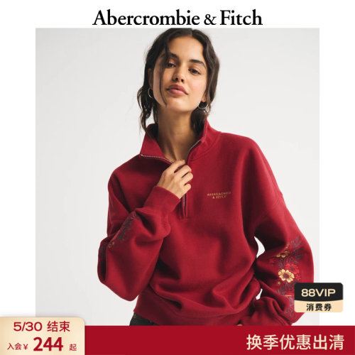 AF美式复古时尚红色多色抓绒半拉链立领卫衣26春女装152-5442