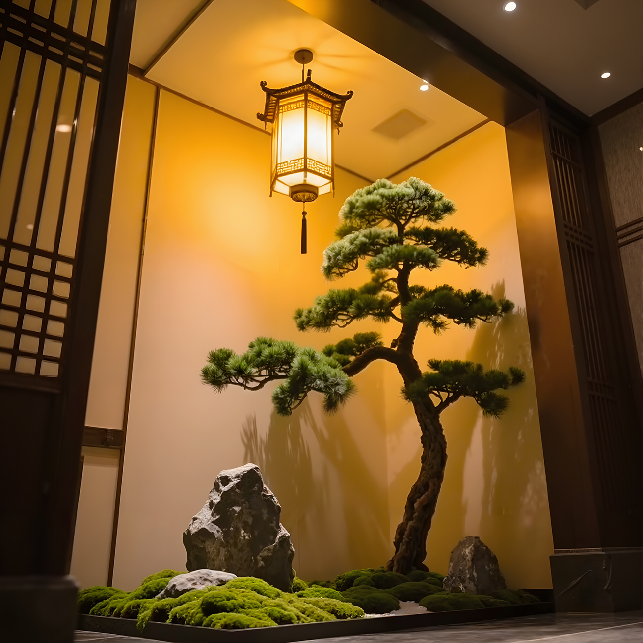 新中式玄关造景仿真迎客松造景