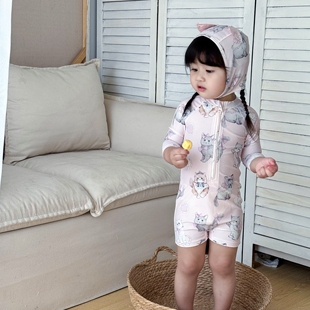 儿童长袖 防晒抗菌抗氯女童沙滩游泳衣女宝宝猫咪公主泳衣 连体泳装