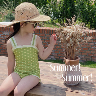 女童苹果绿原点吊带连体泳衣女宝宝游泳衣幼儿童公主泳装 夏季 新款