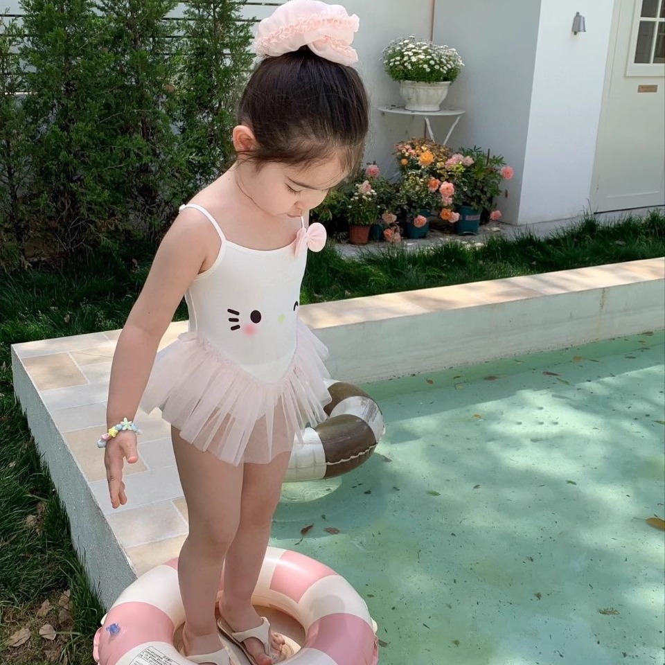 2025夏季新款女童猫咪蝴蝶结可爱连体泳衣儿童公主泳装女宝宝泳衣