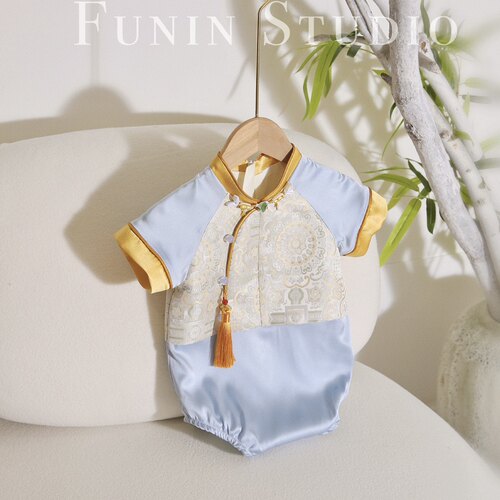 真丝包屁男宝中式周岁服夏季薄款