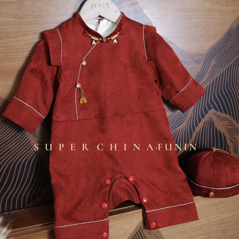 红色男宝抓周服百日宴真丝桑蚕丝