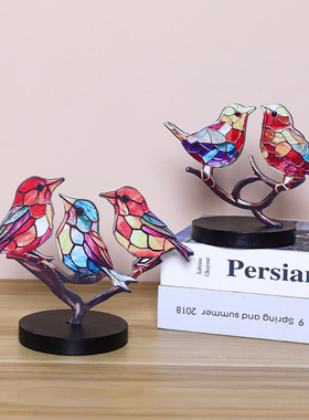 跨境新款木头彩绘百花小鸟摆件家居装饰品桌面五颜六色木质工艺品