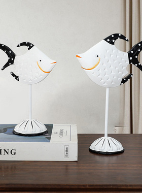 地中海风格家居饰品木质对鱼摆件做旧亲嘴鱼餐厅桌面电视机柜摆设