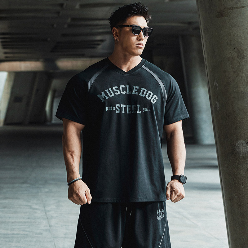 肌肉狗 凉感速干棒球领训练服夏季美式宽松半袖运动健身短袖T恤男
