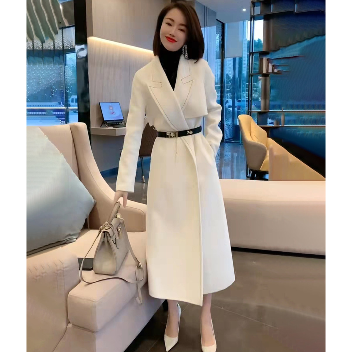 西装领羊毛双面呢大衣中长款