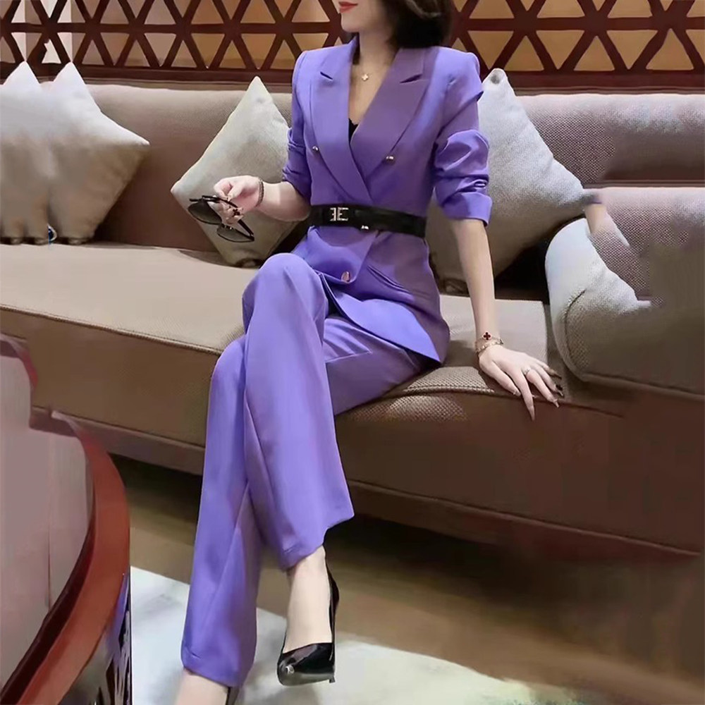 gqg高级感职业套装女可甜可咸修身气质收腰西装外套微喇裤两件套