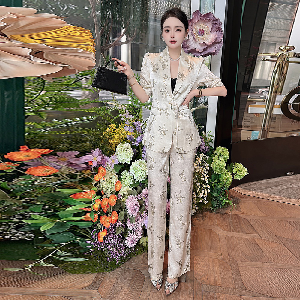 新中式国风盘扣短袖西装套装女夏季薄款高级感气质女神范阔腿裤子