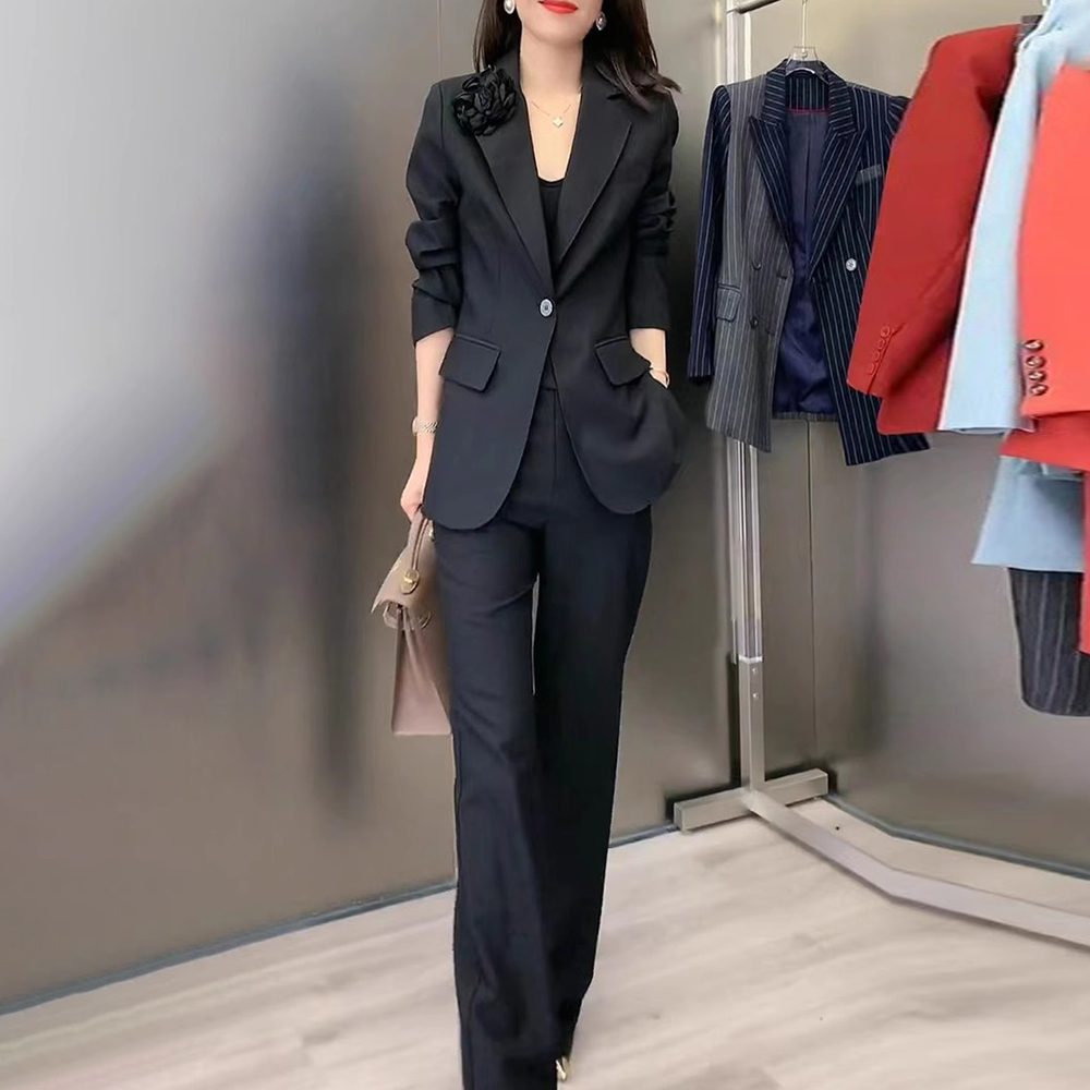 春装2023年新款女高级感职业套装小西装外套阔腿裤两件套盐系穿搭