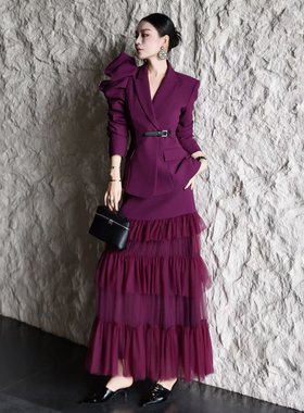 GQG时尚职业套装女早春设计感翻领西装外套网纱拼接半身裙两件套