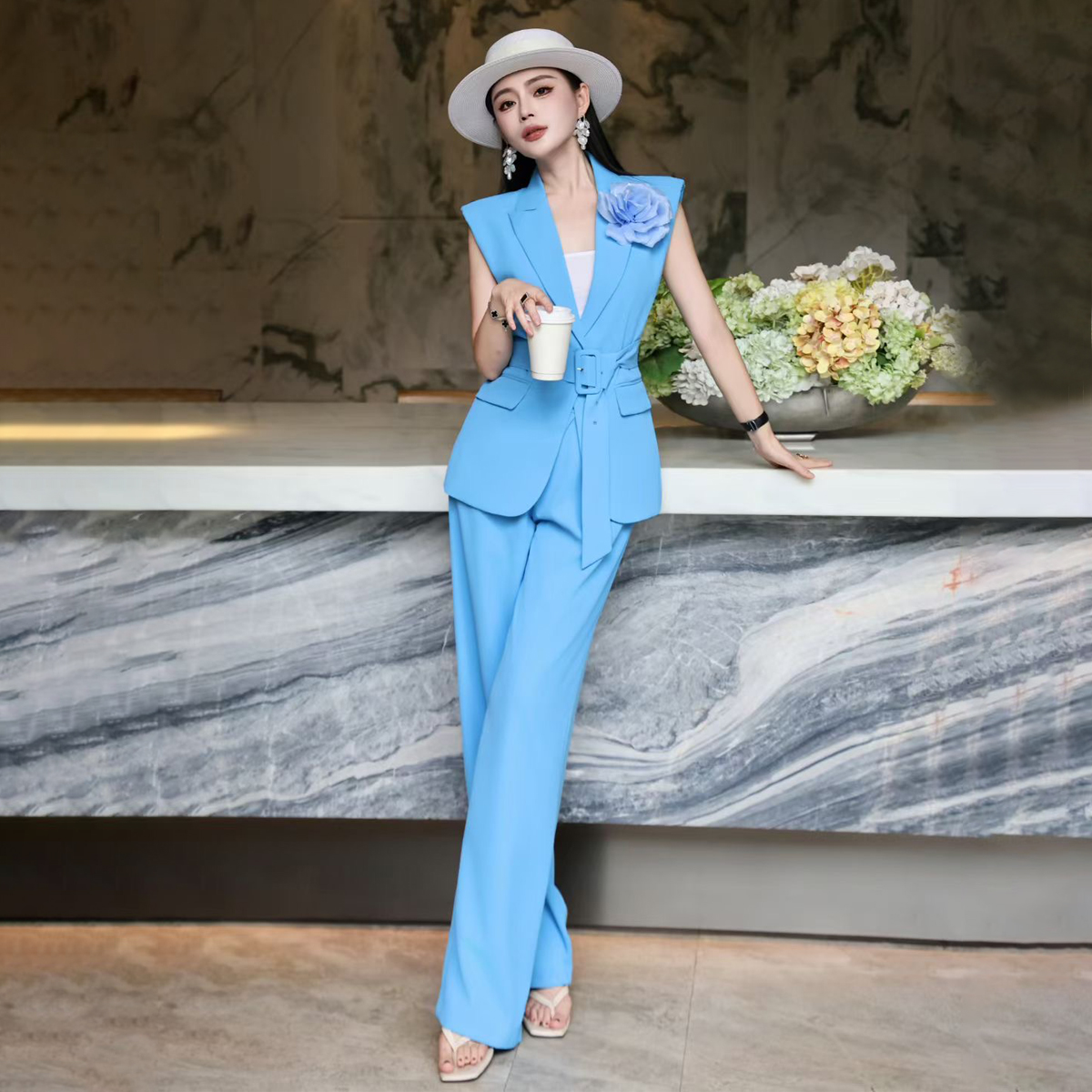 GQG西装马甲套装夏季新款翻领胸花腰带收腰马甲上衣阔腿裤两件套