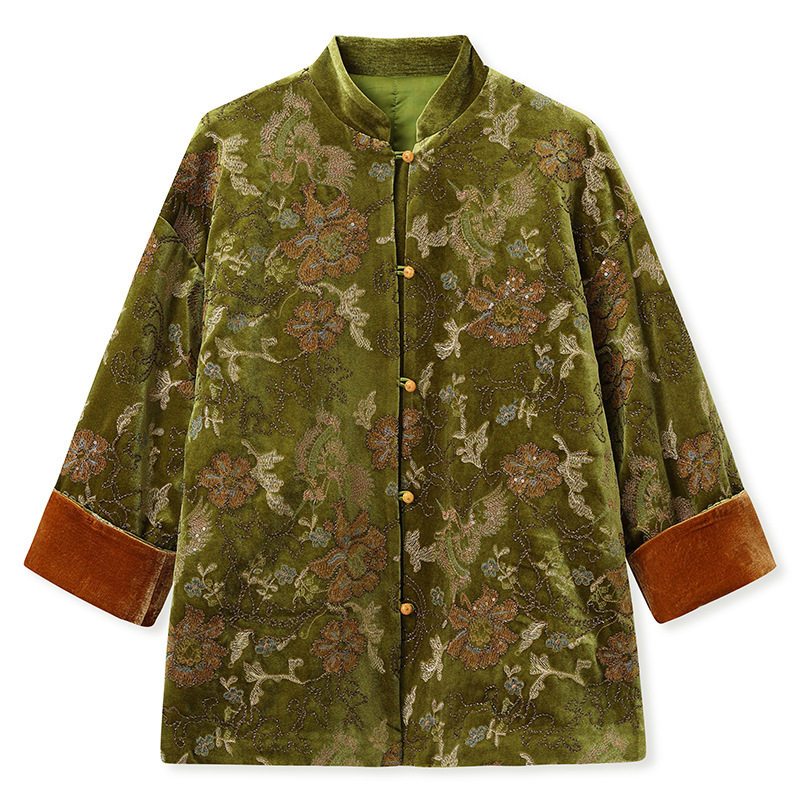 新中式复古丝绒刺绣立领外套棉服女盘扣花卉外套高级感别致上衣