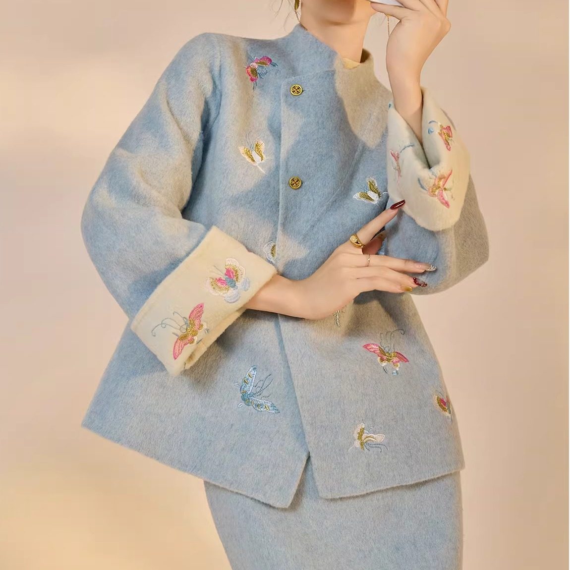 2025冬季蝴蝶刺绣改良国风套装新中式双面呢羊毛单排扣宽松外套