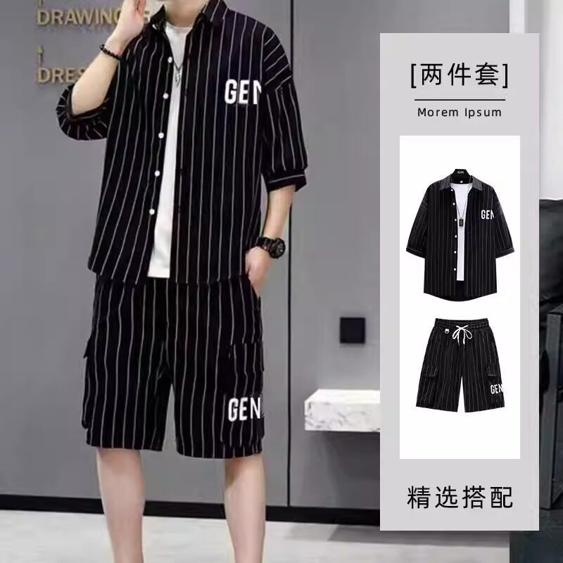大码情侣二件套短袖休闲运动套装夏薄款条纹中袖衬衫搭配五分短裤