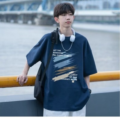 重磅美式印花短袖T恤男痞帅高级感藏青色潮牌宽松体恤上衣