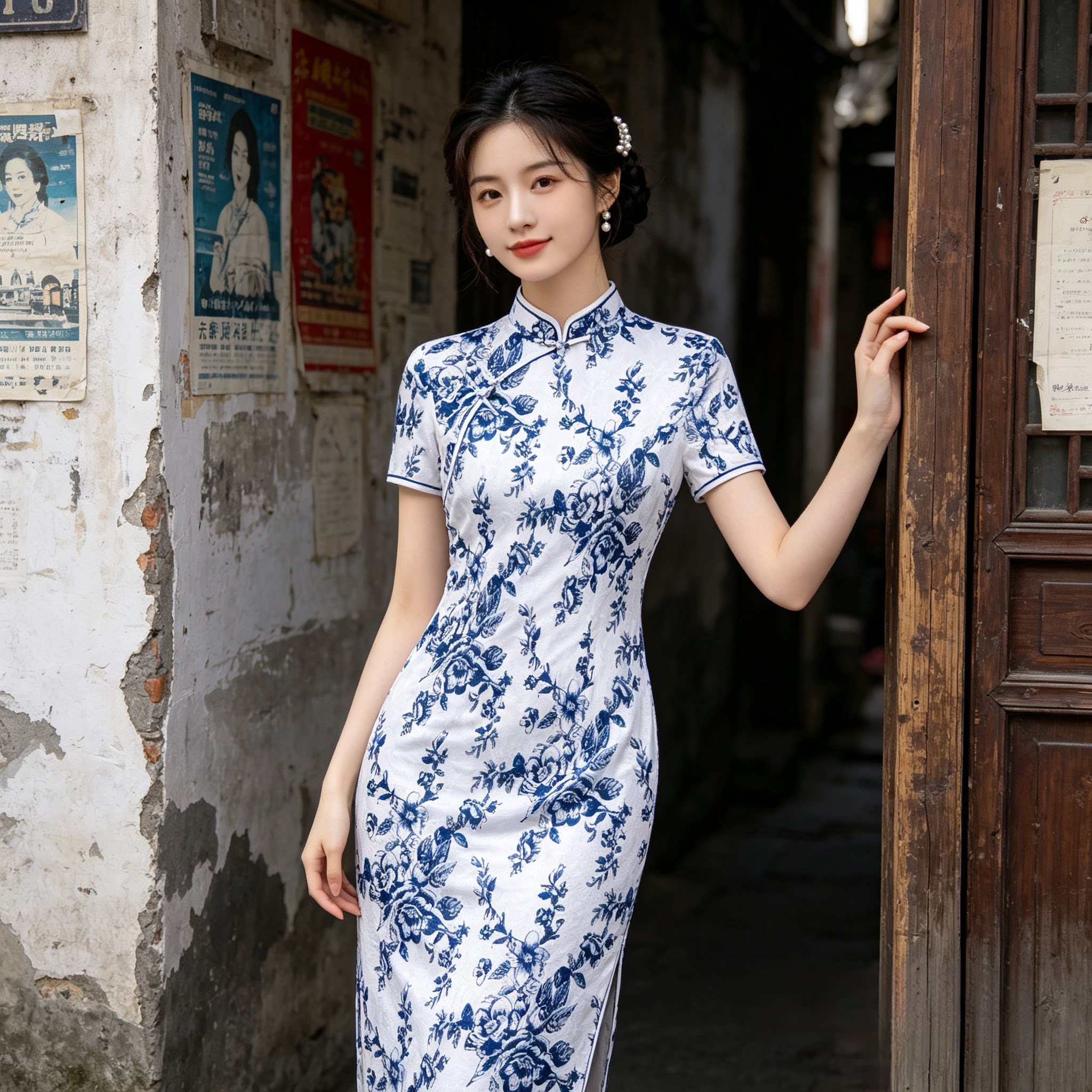 新中式青花瓷短袖中长旗袍图片