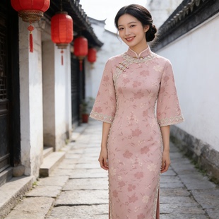 复古风改良版旗袍倒大袖中长裙日常年轻款绝美新中式珠花边连衣裙