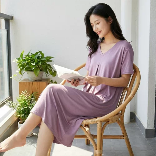 女夏季莫代尔v领大码睡裙宽松薄款短袖家居连衣裙a字大摆裙中长款