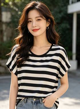 莫代尔圆领无袖打底衫女夏薄款休闲内搭上衣大码宽松显瘦条纹T恤