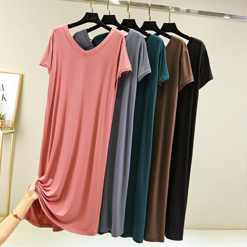 莫代尔睡裙女夏季胖MM宽松大码睡衣纯色开叉裙可外穿短袖连衣裙