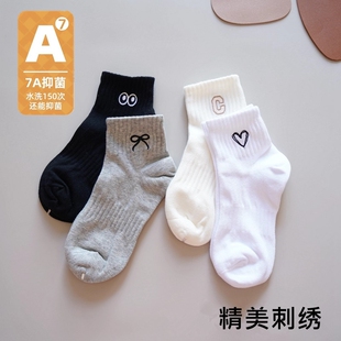 袜子女刺绣短袜无骨百搭款 低帮运动袜春夏白色100%纯棉学生短筒袜