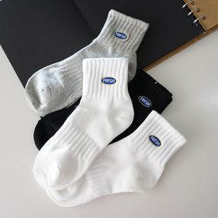 秋冬季 男短筒纯棉袜潮流ins字母透气吸汗防臭袜白色中短筒运动袜