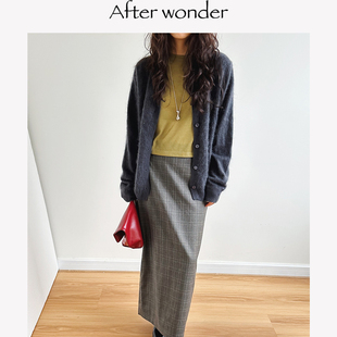 Afterwonder格纹羊毛半身裙 立体剪裁优雅气质高腰直筒裙通勤百搭